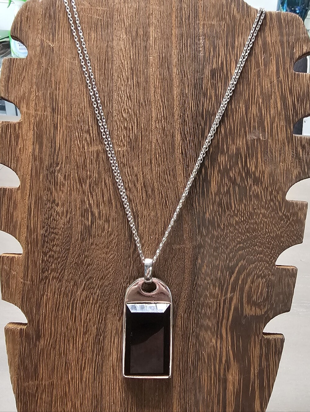 White House Black Market WHBM Silver Dog Tag Black Stone Pendant Necklace